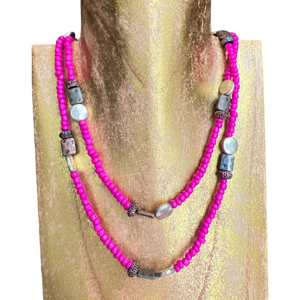 Long Pink Bead Necklace